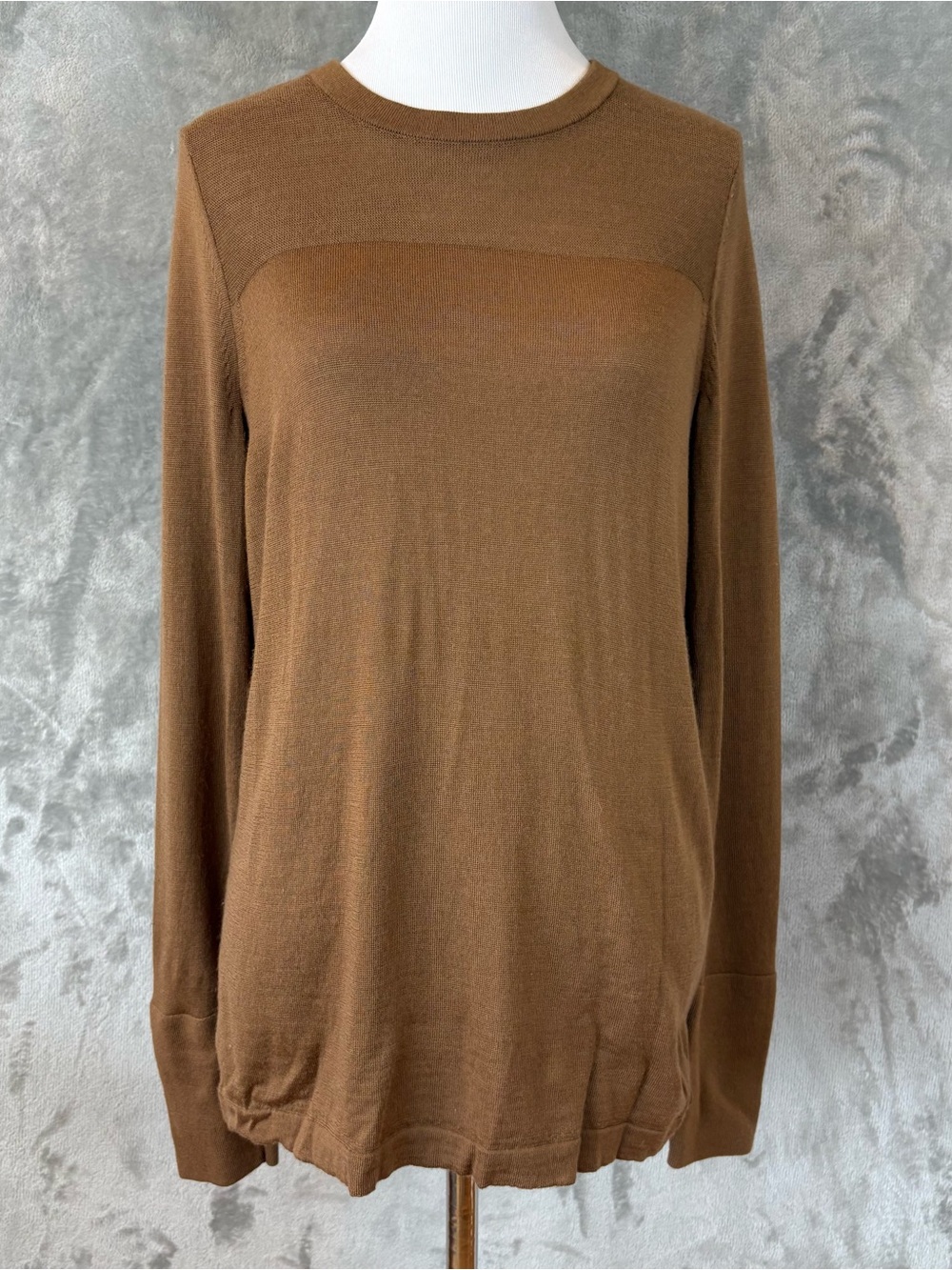 J. Jill WearEver Brown Merino Wool Crew Neck Sweater Ribbed Yoke Wmn’s S